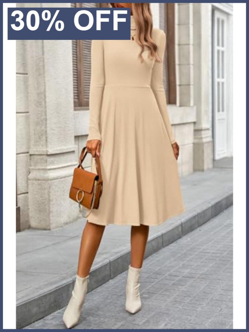 Womens Long Sleeve Turtleneck Midi A Line Dress Ribbed Knit Fall - Picture 5 of 6